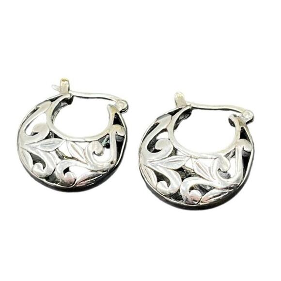 Vintage Sterling Silver Open Cutout Floral Filigree Scrolling Hoop Earrings - Picture 2 of 13